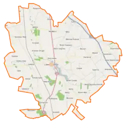 Mapa konturowa gminy Lubień Kujawski, na dole znajduje się punkt z opisem „Narty-Piaski”