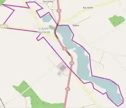 Mapa konturowa Lubienia Kujawskiego, blisko centrum u góry znajduje się punkt z opisem „Parafia Najświętszego Serca Pana Jezusa”