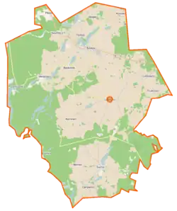 Mapa konturowa gminy Lubiewo, po prawej nieco na dole znajduje się punkt z opisem „Czapliniec Koźliny”