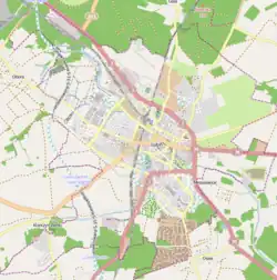 Mapa konturowa Lubina, blisko centrum u góry znajduje się punkt z opisem „KGHM Polska Miedź S.A.”