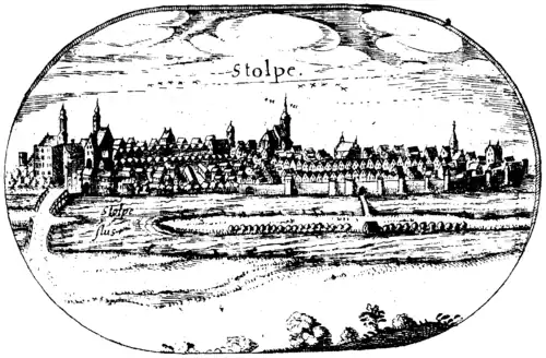 Panorama Słupska z Basztą Czarownic na mapie Lubinusa, XVII w.