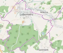 Mapa konturowa Lubomierza, u góry znajduje się punkt z opisem „Muzeum Kargula i Pawlakaw Lubomierzu”