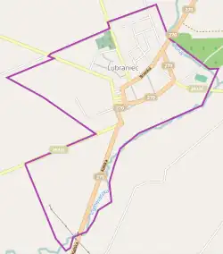 Mapa konturowa Lubrańca, w centrum znajduje się punkt z opisem „Lubraniec Miasto”