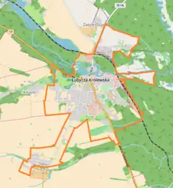 Mapa konturowa Lubyczy Królewskiej, u góry znajduje się punkt z opisem „Zatyle-Osada”