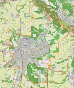 Mapa konturowa Ługańska, po lewej znajduje się punkt z opisem „Ługańsk”