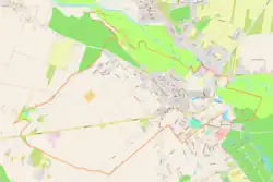 Mapa konturowa Lutomierska, na dole po prawej znajduje się punkt z opisem „Getto w Lutomiersku”