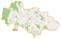 Mapa konturowa gminy Lwówek, po prawej znajduje się punkt z opisem „Parafiapw. św. Andrzeja Apostoław Brodach”