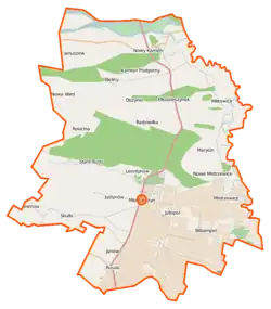 Mapa konturowa gminy Młodzieszyn, po prawej nieco na dole znajduje się punkt z opisem „Mistrzewice”