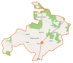 Mapa konturowa gminy Młynarze, po prawej znajduje się punkt z opisem „Sadykierz”