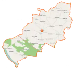 Mapa konturowa gminy Mała Wieś, po prawej znajduje się punkt z opisem „Orszymowo”