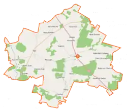 Mapa konturowa gminy Mały Płock, po lewej nieco na dole znajduje się punkt z opisem „Rudka-Skroda”
