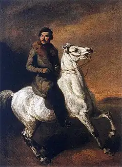 Obraz. Mężczyzna ubrany na ciemno dosiada białego konia. Koń jest uchwycony w dynamicznej pozie, prawdopodobnie w biegu. Tło jest utrzymane w odcieniach brązu.