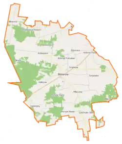 Mapa konturowa gminy Malanów, u góry nieco na lewo znajduje się punkt z opisem „Dziadowice”