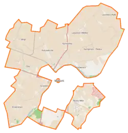 Mapa konturowa gminy wiejskiej Malbork, po lewej nieco u góry znajduje się punkt z opisem „Cmentarz mennonicki w Stogach”