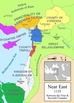 Four crusader states along the coast of the Mediterranean Sea and between the rivers Euphrates and Tigris