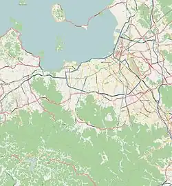 Mapa konturowa Fukuoki, blisko centrum na prawo u góry znajduje się punkt z opisem „Fukuoka”