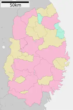 Mapa konturowa Iwate, u góry znajduje się punkt z opisem „Iwate”