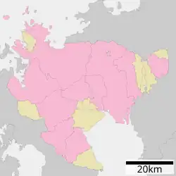 Mapa konturowa prefektury Saga, po lewej nieco na dole znajduje się punkt z opisem „Arita”