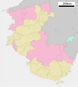 Mapa konturowa prefektury Wakayama, u góry znajduje się punkt z opisem „Kudoyama”