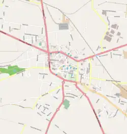 Mapa konturowa Wielunia, blisko centrum na lewo znajduje się punkt z opisem „Bugaj”