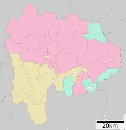 Mapa konturowa prefektury Yamanashi, w centrum znajduje się punkt z opisem „Kōfu”