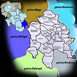 Wsie wchodzące w skład gminy Tłuchowo, i otaczające ją gminy. W lewym górym znajduje się położenie tej gminy na mapie Polski (z podziałem na województwa) i na tle powiatu.