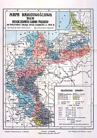 Mapa narodowościowa ówczesnych wschodnich Niemczech, w tym ziem zaboru pruskiego (z pominięciem niemieckojęzycznej ludności), na podstawie spisu z 1910 r.