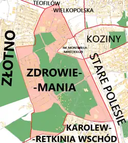 Obszar osiedla Zdrowie-Mania wraz z granicami przygranicznych osiedli