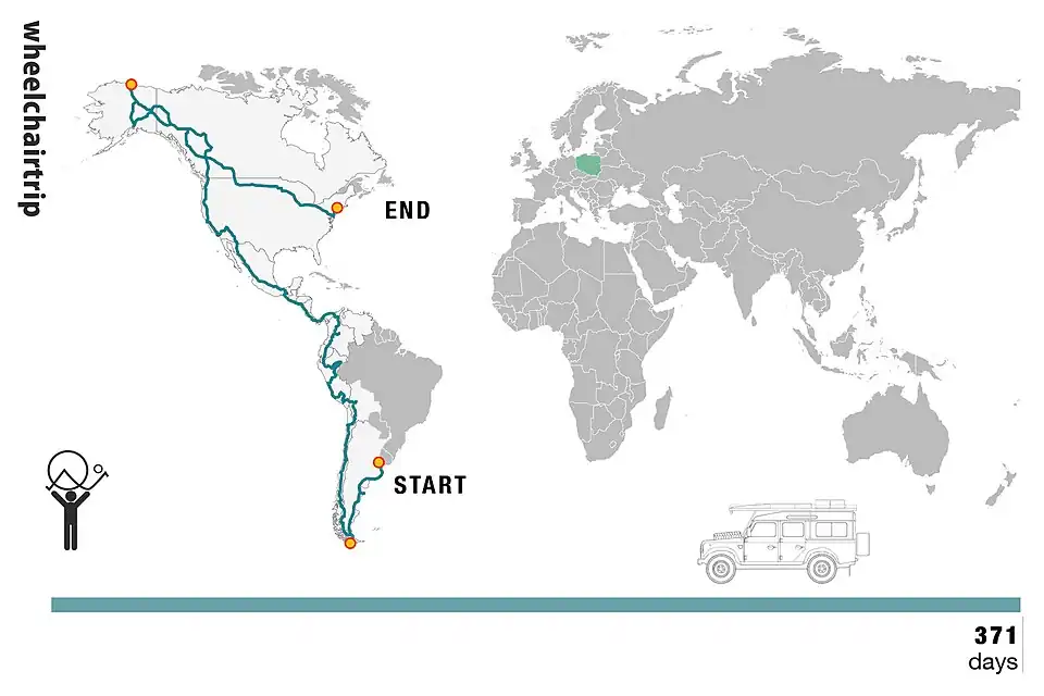 Mapa wyprawy Wheelchairtrip II. Buenos Aires, Ushuaia, Deadhorse, Nowy Jork