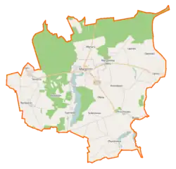 Mapa konturowa gminy Margonin, na dole po prawej znajduje się punkt z opisem „Bugaj”