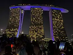 Marina Bay Sands Hotel nocą widziany z Ogrodów nad Zatoką