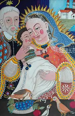 Nieznany autor ludowy, XIX wiek. Podpis pod obrazem drukowanymi literami: „Prawdziwy wizerunek obrazu N. P. Maryi w Dzikowie. Cudami słynącego od R. P. 1675 pod strażą w. w. o.o. dominikanów w województwie sandomierskim”