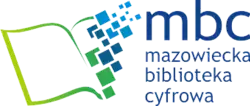 Logo biblioteki w postaci otworzonej książki. Prawa kartka zmienia się w piksele i odlatuje. Logo jest od lewej jasno zielone, ciemno zielone, niebieskie, ciemno granatowe. Kolory przechodzą płynnie. Po prawej stronie loga granatowy napis MBC Mazowiecka Biblioteka Cyfrowa.