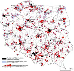 Mapa Polski pokryta licznymi punktami zaznaczającymi miejsce konfliktu.