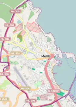 Mapa konturowa Melilli, na dole nieco na lewo znajduje się punkt z opisem „MLN”