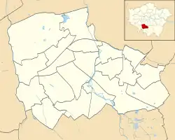 Mapa konturowa gminy Merton, blisko centrum na dole znajduje się punkt z opisem „Morden”