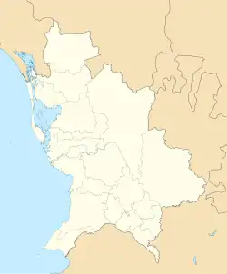 Mapa konturowa Nayaritu, blisko centrum na dole znajduje się punkt z opisem „Tepic”