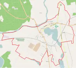 Mapa konturowa Międzychodu, w centrum znajduje się punkt z opisem „Parafia Niepokalanego Serca Maryi”