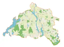 Mapa konturowa gminy Miłki, w centrum znajduje się punkt z opisem „Radiowo-Telewizyjne Centrum Nadawcze Miłki”