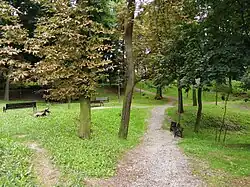 Zdjęcie wykonane latem przedstawia park widziany z góry, z jednego z pagórków. Przez środek przebiega żwirowa ścieżka, krzyżująca się z ścieżką przebiegającą do niej prostopadle, również żwirową. Przy alejkach stoją proste latarnie oraz ławeczki i kosze na śmieci.