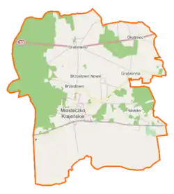 Mapa konturowa gminy Miasteczko Krajeńskie, po lewej nieco na dole znajduje się punkt z opisem „Miasteczko-Huby”