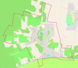 Mapa konturowa Miasteczka Krajeńskiego, w centrum znajduje się punkt z opisem „Parafia Podwyższenia Krzyża Świętego”