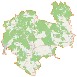 Mapa konturowa gminy Miastko, blisko centrum na dole znajduje się punkt z opisem „Miastko”