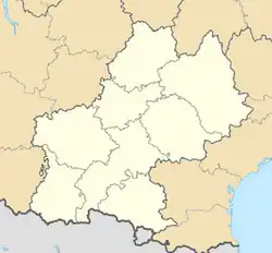 Mapa konturowa Midi-Pyrénées, po prawej nieco u góry znajduje się punkt z opisem „źródło”, natomiast blisko centrum na prawo u góry znajduje się punkt z opisem „ujście”