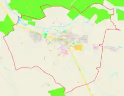 Mapa konturowa Mieściska, blisko centrum u góry znajduje się punkt z opisem „Parafia św. Michała Archanioła”