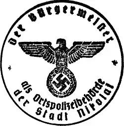 Pieczęć burmistrza z 1940.Występował on tutaj jako zwierzchnik policji, więc herb miasta został zastąpiony przez emblemat III Rzeszy