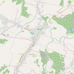 Mapa konturowa Mirska, blisko centrum u góry znajduje się punkt z opisem „Mirsk”