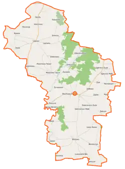 Mapa konturowa gminy Mochowo, na dole po prawej znajduje się punkt z opisem „Lisice Nowe”