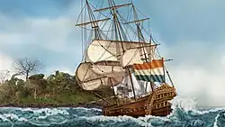 Model uzbrojonego statku Diemermeer wklejony w zdjęcie miejsca w którym zatonął