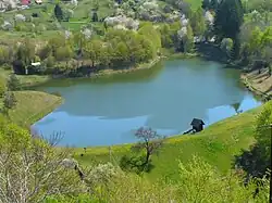 Niewielki staw o błękitnym kolorze wody. Dookoła łąki i lasy, nieopodal pojedyńcze zabudowania.